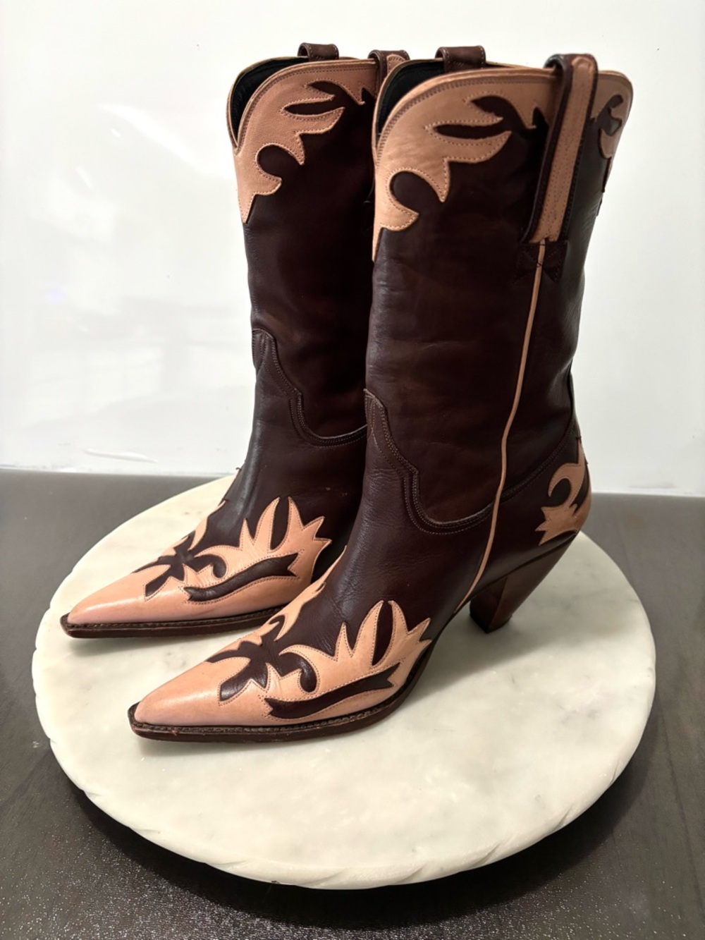 LUCCHESE Charlie 1 Horse Boots 8.5 Womens Cowboy Peach Burgundy Western Snip Toe